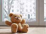 Teddybär sitzt am Fenster